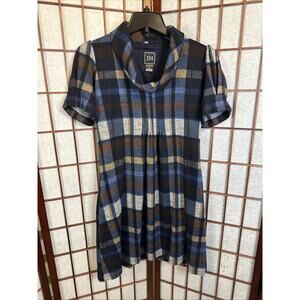 JH Design Navy Blue Plaid Dress w/Cowl Neck - Size S